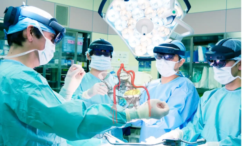 Surgeons wearing VR glasses perform surgery