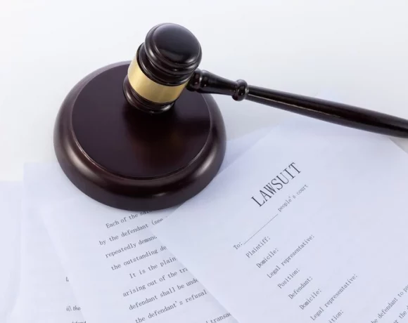 A gavel on top of papers that read "lawsuit"